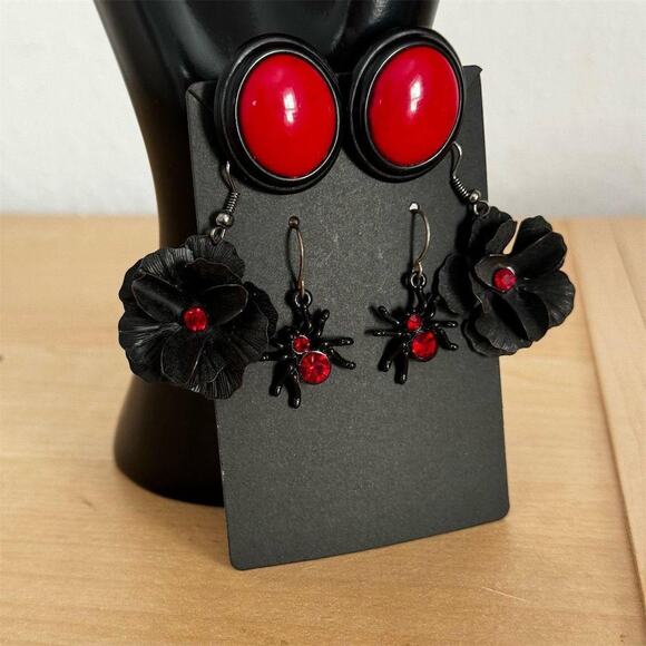 Black Widow Spider Flower Dangle Stud Earrings Set Red Gemstone Halloween Gothic - Picture 3 of 8